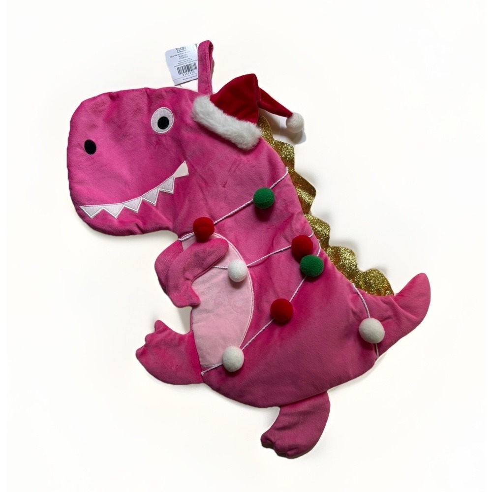 NWT HOBBY LOBBY Pink Dinosaur Shaped with Pom Pom Christmas Themed Stocking